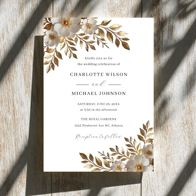 Convite de Casamento Floral Ivory Gold Bloom (Criador carregado)