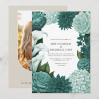 Convite de Casamento Floral Jade Haze, Alpine Teal