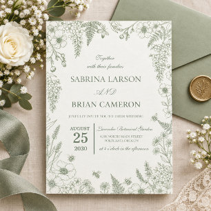 Convite de Casamento Floral Jardim Verde Sage Eleg
