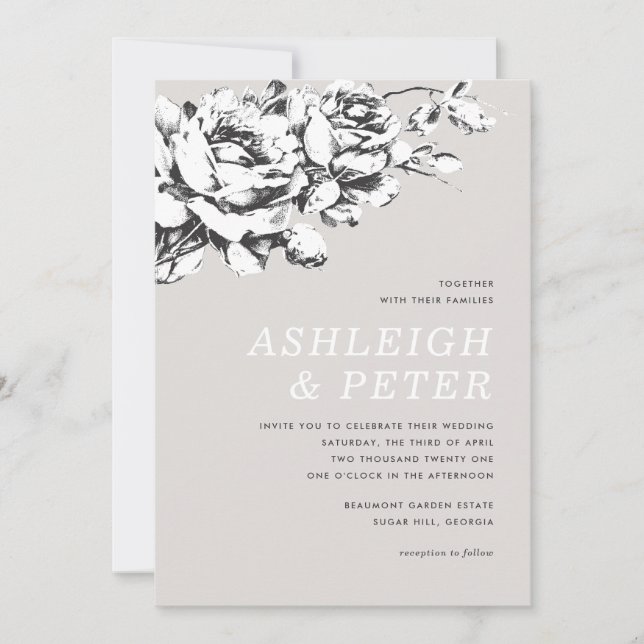 Convite de Casamento Floral La Vie en Rose - Cinza (Frente)