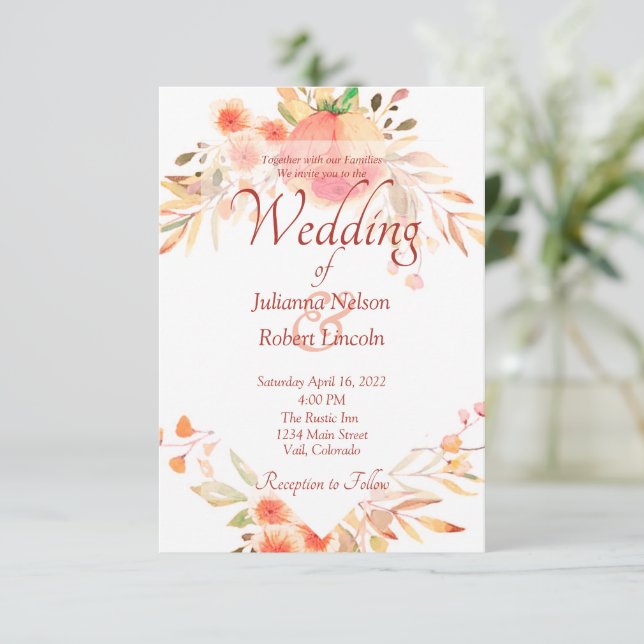 Convite de casamento floral laranja (Em pé/Frente)