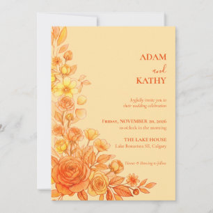 Convite de Casamento Floral Laranja Amarelo Ensola