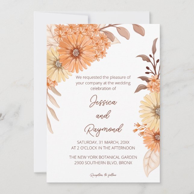 Convite de Casamento Floral Laranja Boho Chic (Frente)