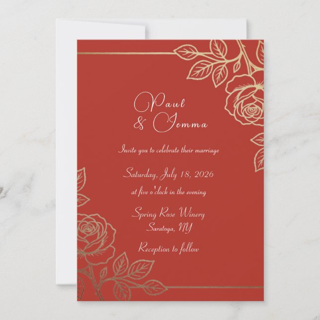 Convite de Casamento Floral Laranja e Dourado (Frente)