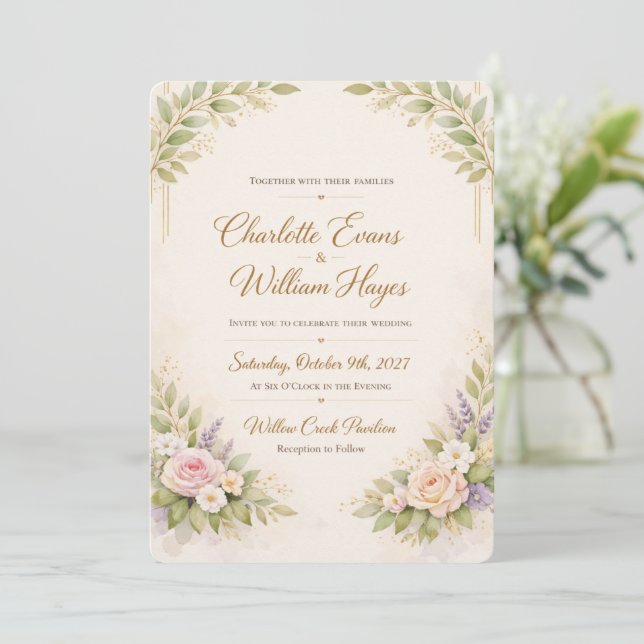 Convite de Casamento Floral Laranja Elegante Temp (Em pé/Frente)