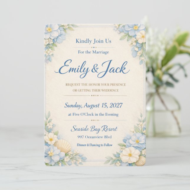 Convite de Casamento Floral Laranja Elegante Temp (Em pé/Frente)