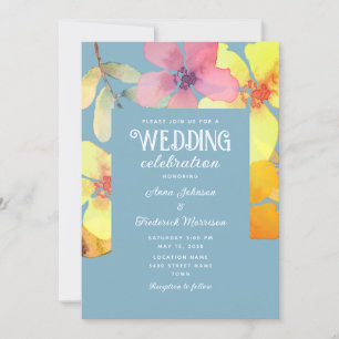 Convite de Casamento Floral Laranja Rosa Azul Poei