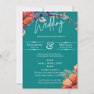 Convite de Casamento Floral Laranja Teal Moderno