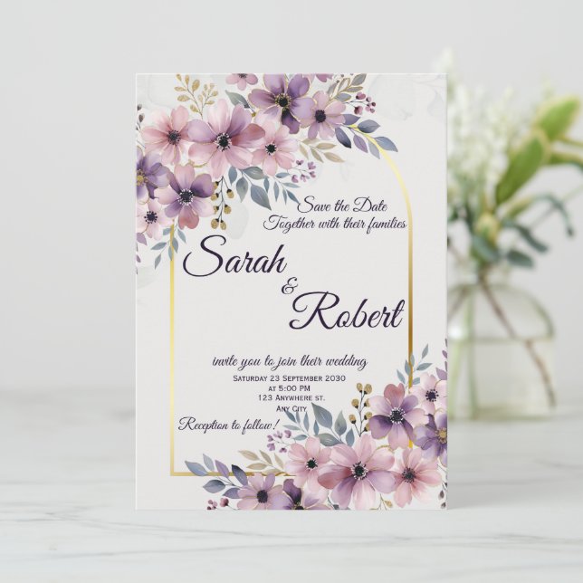 Convite de Casamento Floral Lavanda Bege (Em pé/Frente)