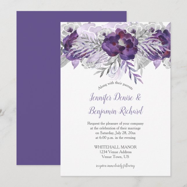 Convite de Casamento Floral Lavanda Cinza Violeta  (Frente/Verso)