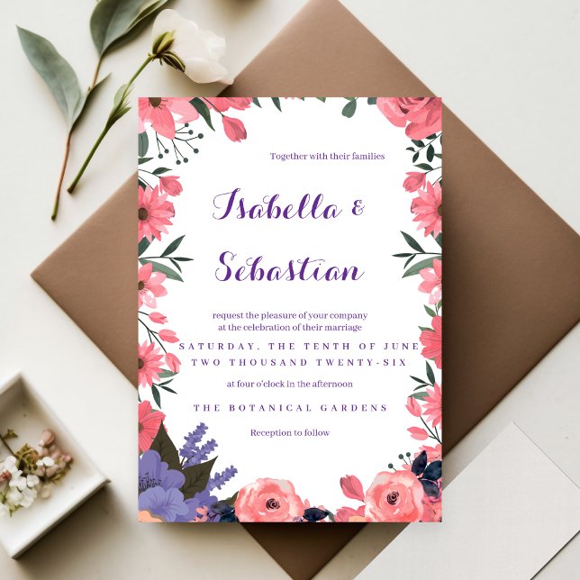 Convite de Casamento Floral Lavanda e Rosa (Criador carregado)