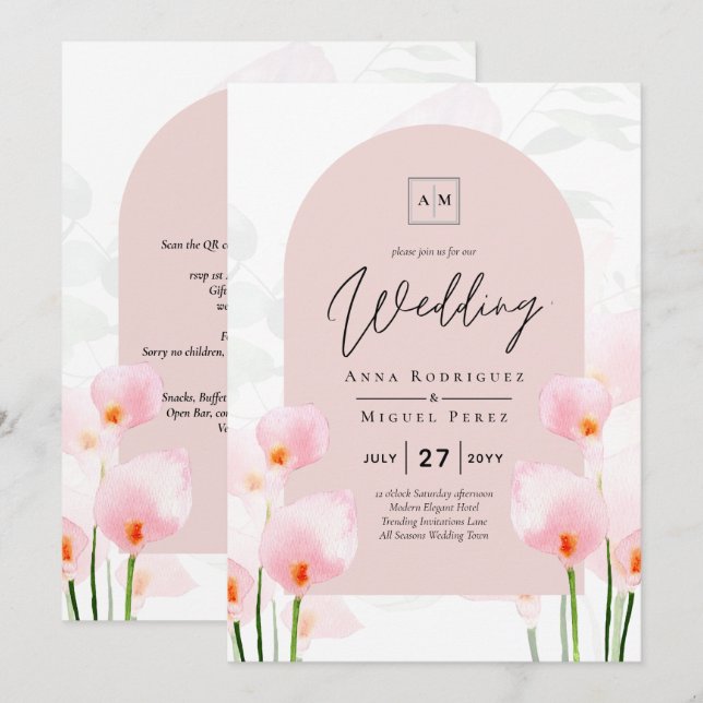 Convite de casamento Floral Leah G Pink Calla Lily (Frente/Verso)