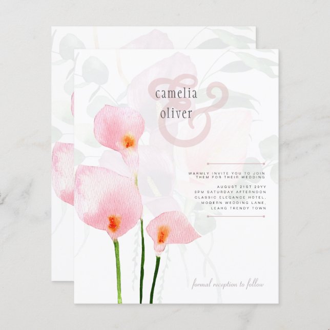 Convite de casamento Floral Leah G Pink Calla Lily (Frente/Verso)