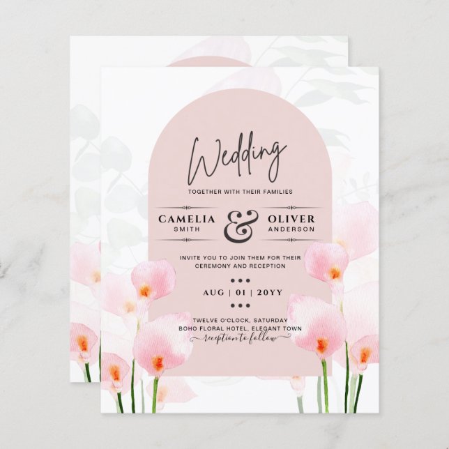 Convite de casamento Floral Leah G Pink Calla Lily (Frente/Verso)