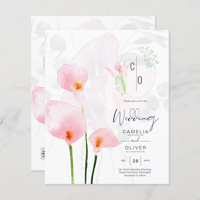 Convite de casamento Floral Leah G Pink Calla Lily (Frente/Verso)