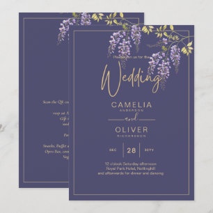 Convite de Casamento Floral Lilás Dourado LEILAG W