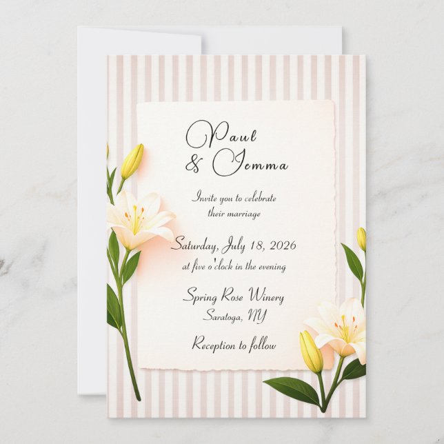 Convite de Casamento Floral Lírio Listrado Simples (Frente)