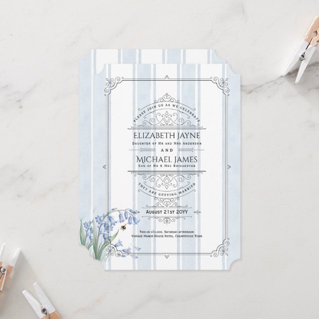 Convite de Casamento Floral Listrado com Bluebells (Frente/Verso In Situ)