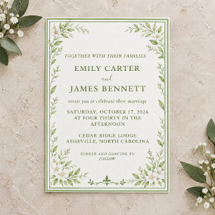 Convite de Casamento Floral Listrado de Verde Eleg