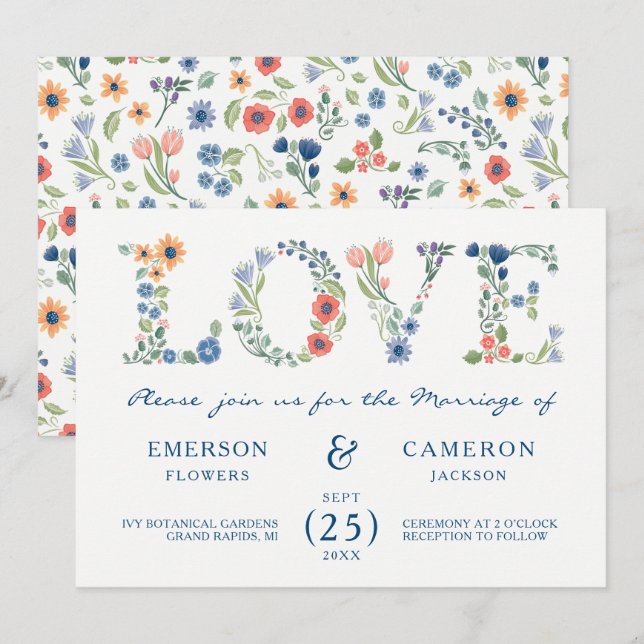 Convite de Casamento Floral LOVE (Frente/Verso)
