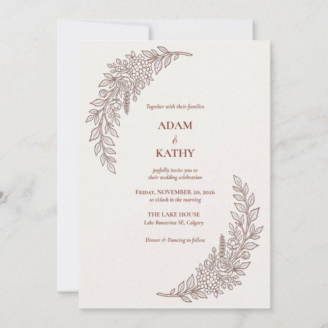 Convite de Casamento Floral Lua Crescente Marrom (Frente)