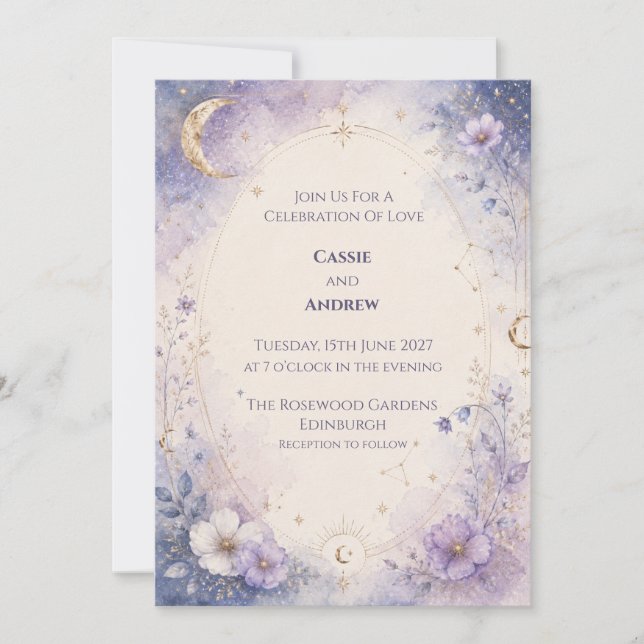 Convite de Casamento Floral Lua Roxa (Frente)
