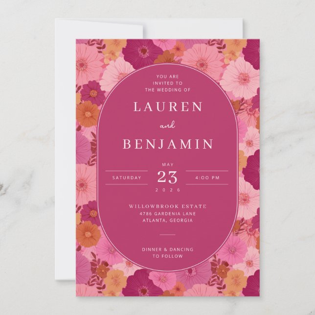 Convite de Casamento Floral Magenta Alegre (Frente)