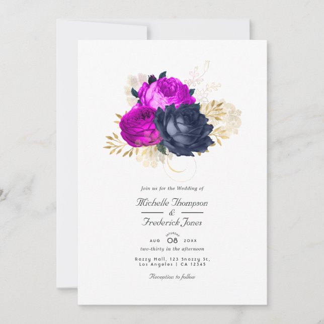 Convite de Casamento Floral Magenta Naval e Dourad (Frente)