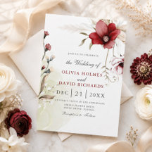 Convite de Casamento Floral Marfim Borgonha