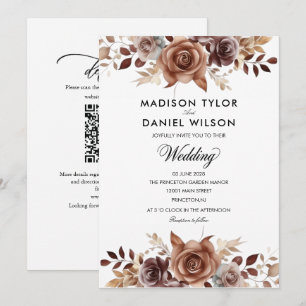 Convite de casamento floral marfim cobre chocolate