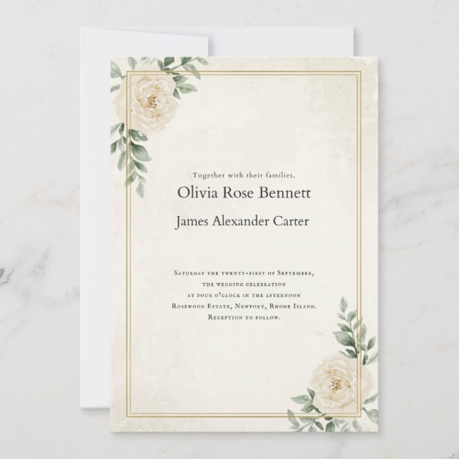 Convite de Casamento Floral Marfim Elegante com Do (Frente)