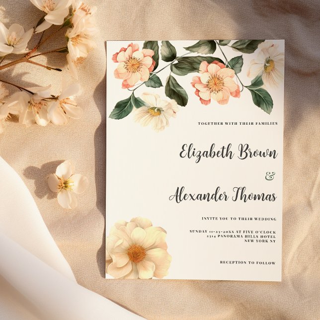 Convite de casamento floral marfim rosa coral verd (Botanical ivory pink coral green floral wedding)