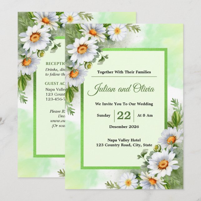 Convite de Casamento Floral Margarida Branca Rústi (Frente/Verso)