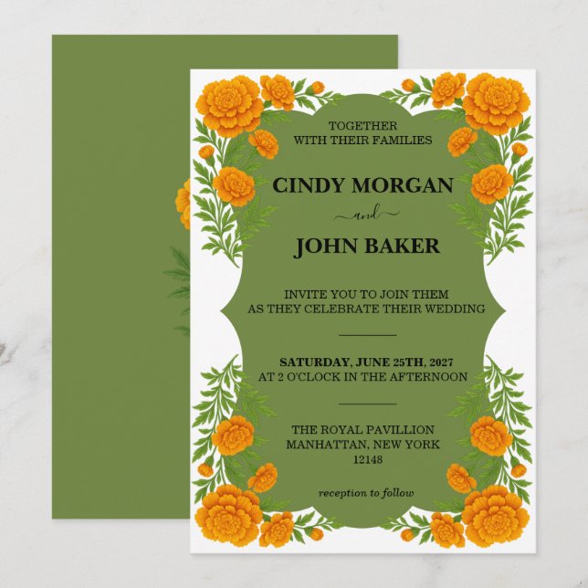 Convite de Casamento Floral - Marigold (Frente/Verso)