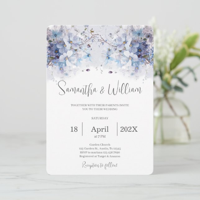 Convite De Casamento Floral marinho Azul (Em pé/Frente)