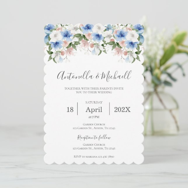 Convite De Casamento Floral marinho Azul (Em pé/Frente)