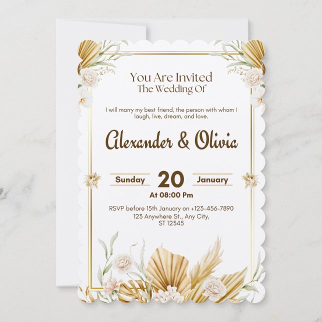 Convite de Casamento Floral Marrom e Bege Elegante (Verso)