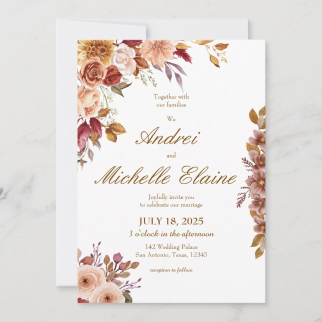 Convite de Casamento Floral Marrom Elegante (Frente)