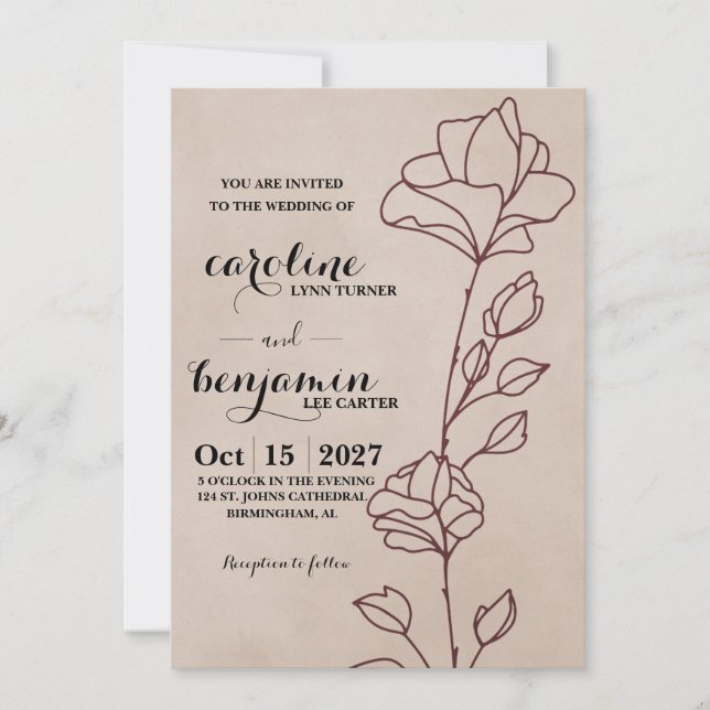 Convite de Casamento Floral Marrom Elegante (Frente)