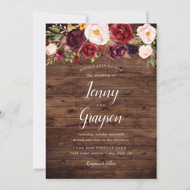 Convite de Casamento Floral Marsala em Madeira Rús (Frente)