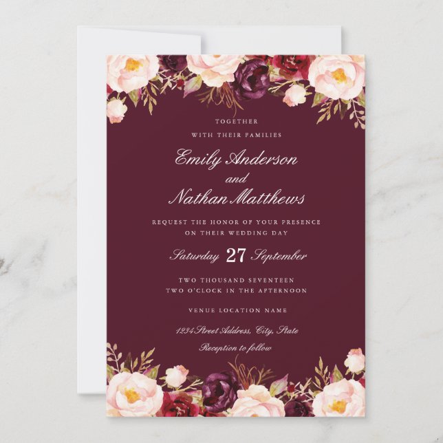 Convite de Casamento Floral Marsala Vermelho Burgu (Frente)