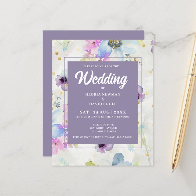 Convite de Casamento Floral Mauve Aquarela com Orç (Frente/Verso In Situ)