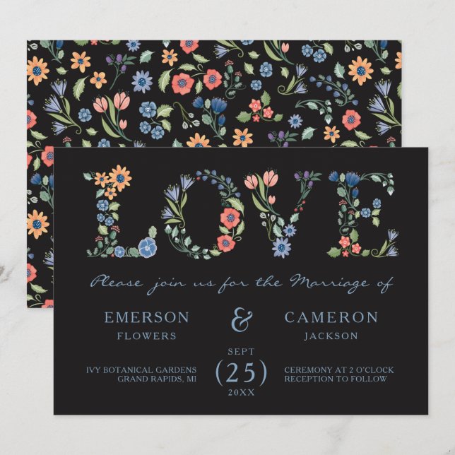 Convite de Casamento Floral Meia-Noite AMOR (Frente/Verso)