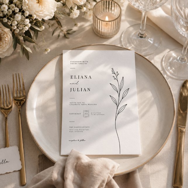 Convite de Casamento Floral Mínimo Limpo Moderno (Criador carregado)