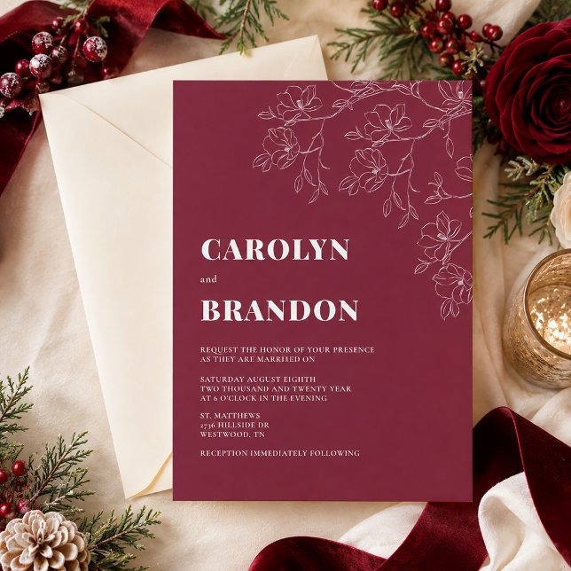 Convite de Casamento Floral Moderno de Cranberry (Cranberry Modern Floral Wedding Invitation)