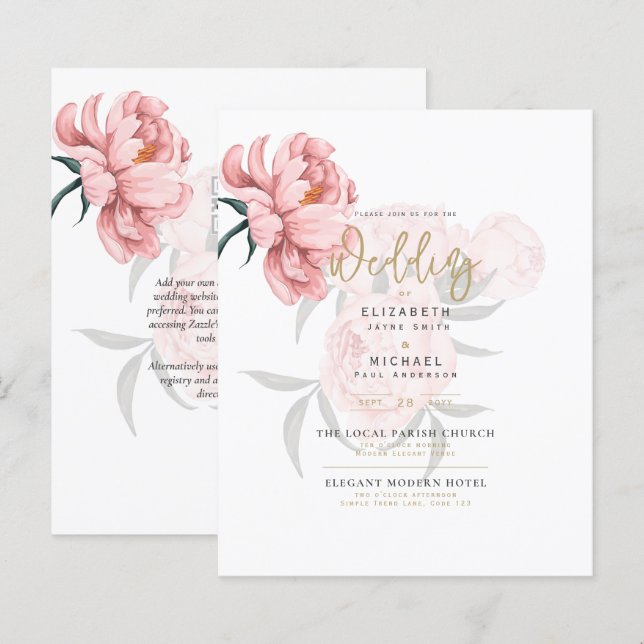 Convite de casamento Floral Moderno de Peonias Ros (Frente/Verso)