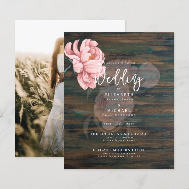 Convite de casamento Floral Moderno de Peonias Ros (Frente/Verso)