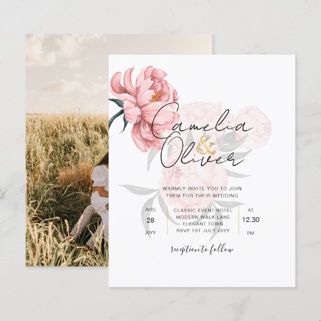 Convite de casamento Floral Moderno de Peonias Ros (Frente/Verso)
