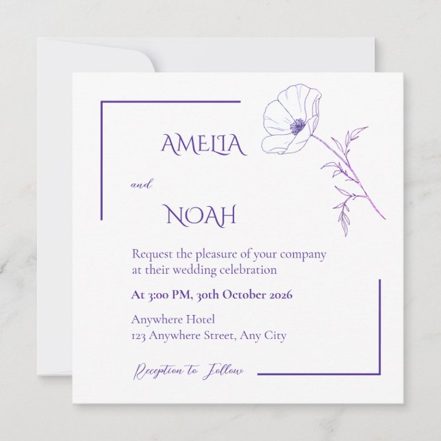 Convite de Casamento Floral Moderno em Linha Roxa (Frente)