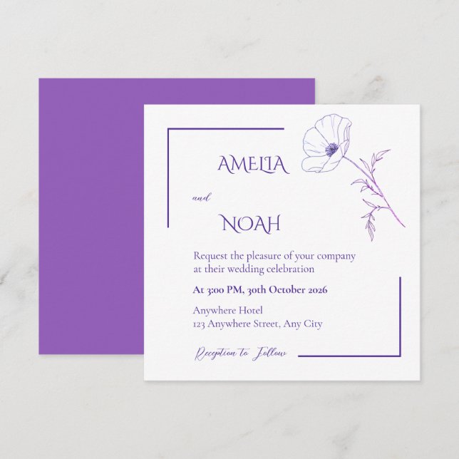 Convite de Casamento Floral Moderno em Roxo com Li (Frente/Verso)